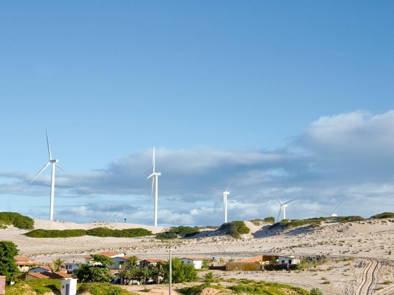 Wind energy from Brazil reduces climate impact Wind turbines on the coast of Canoa Quebrada in Brazil