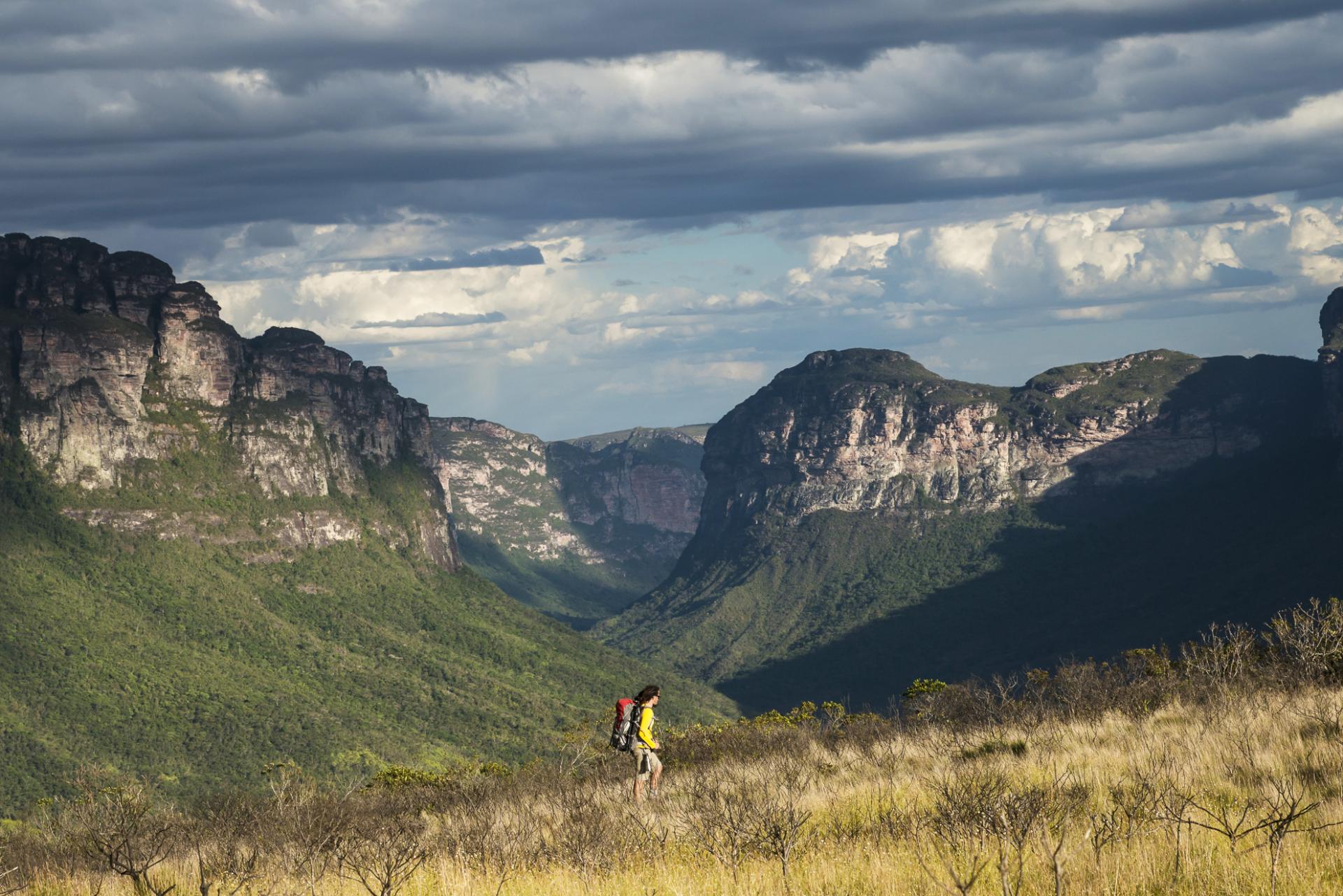 Trekking in Chapada Diamantina – Adventure in Bahia’s Table Mountain Wilderness Hiker in Chapada Diamantina National Park overlooking table mountains and valleys in Bahia, Brazil