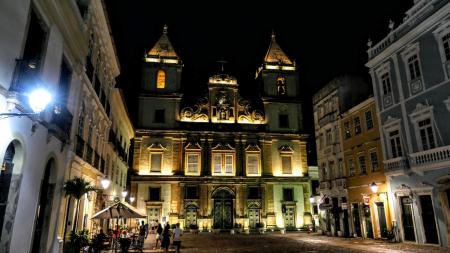 A festively illuminated church shows the Christmas spirit in Salvador.