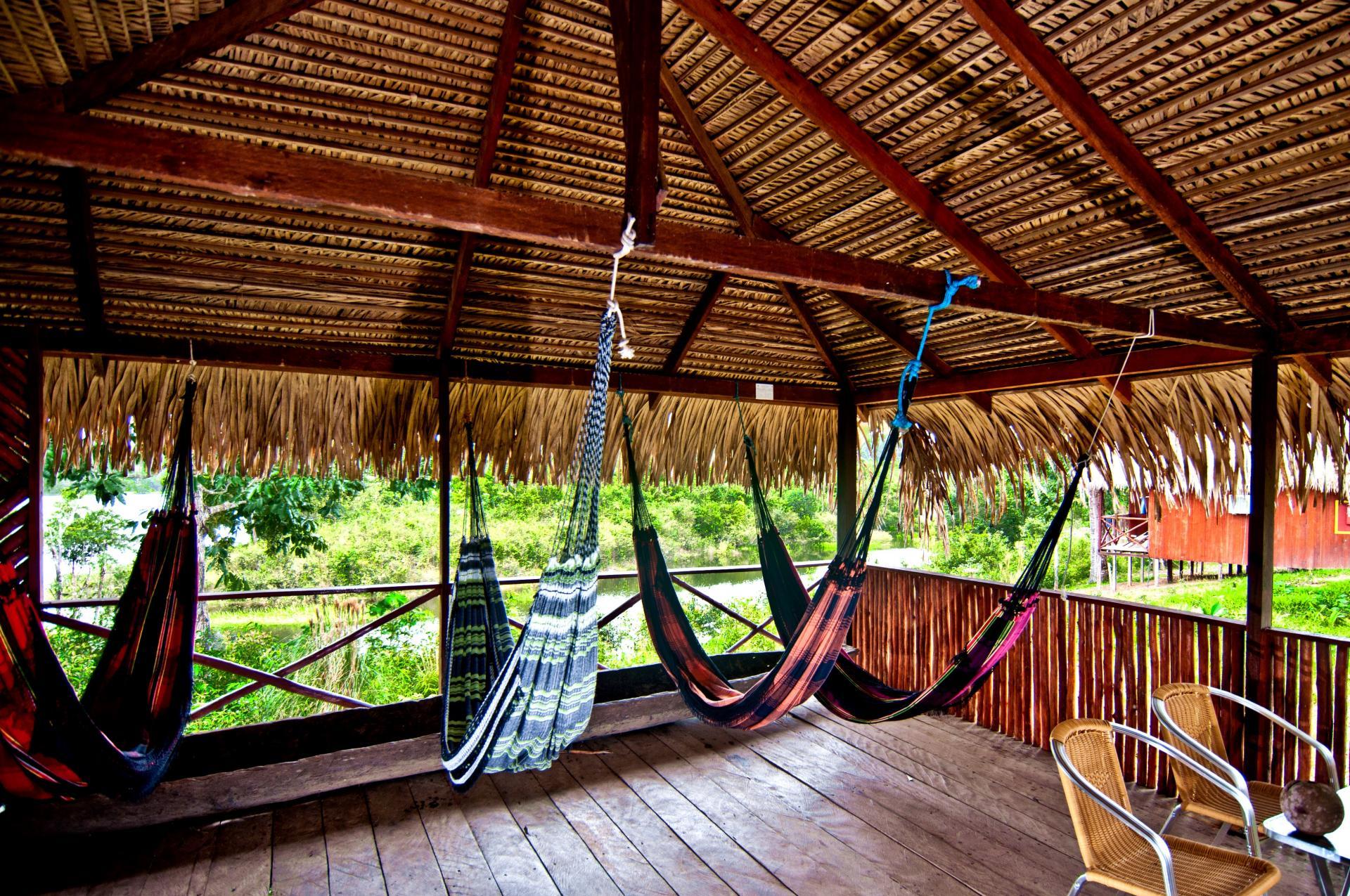 Hammocks for guests at the Amazon Turtle Lodge.