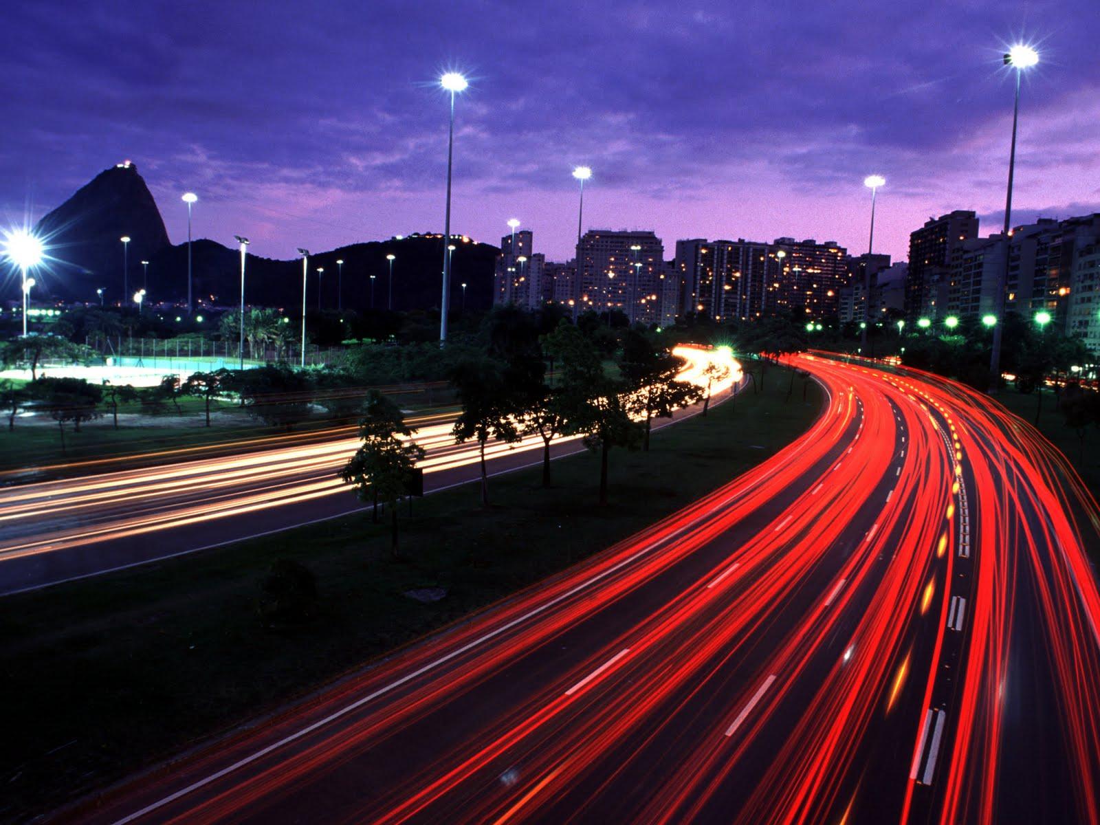 An illuminated street in Rio de Janeiro at night Street in Rio at night