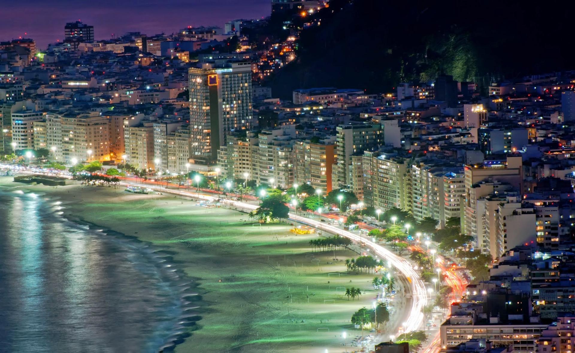 Rio's Copacabana beach at night and illuminated