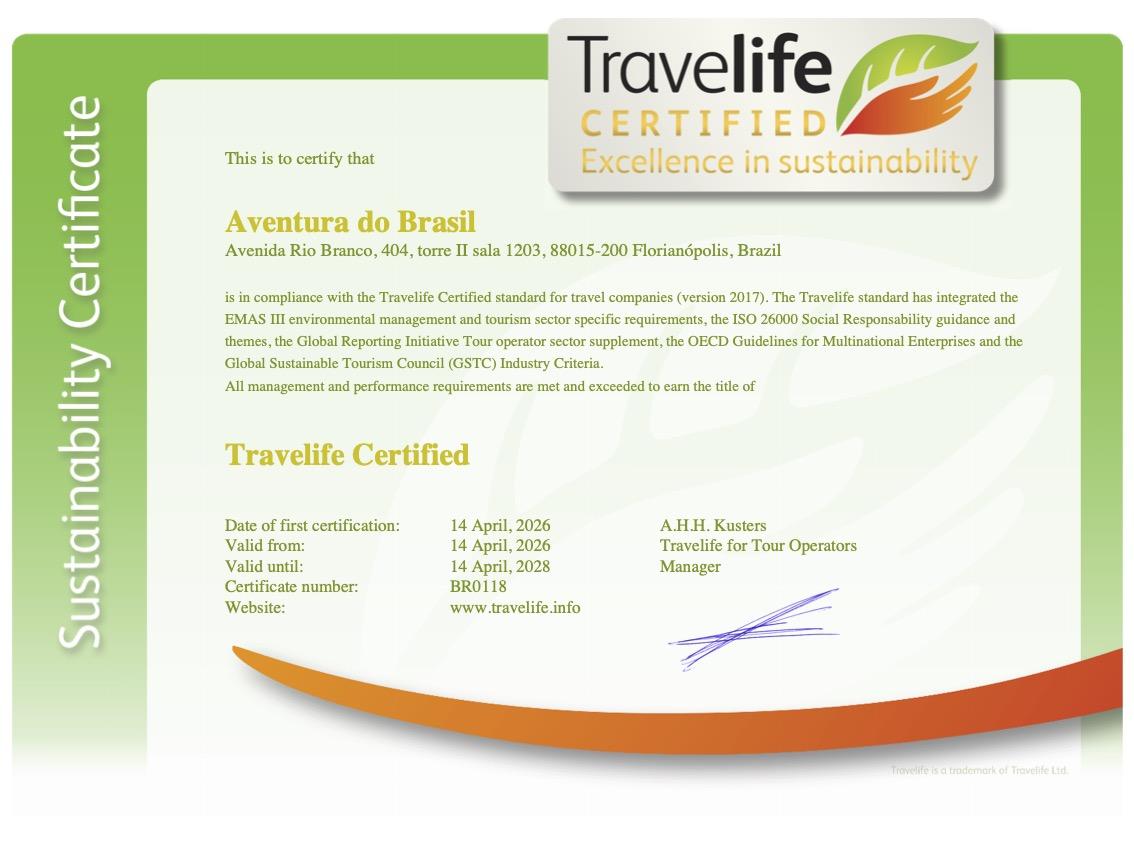 Aventura do Brasil is Travelife Certified Aventura do Brasil Travelife Certified