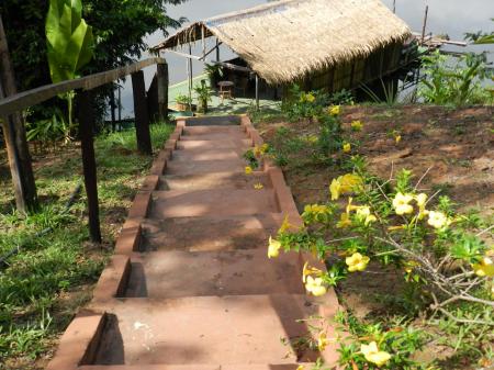 A stairway that leads the guests down to the typlical Amazon river boats for daily excursions at Amazon Turtle Lodge