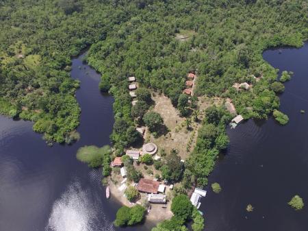 Amazon Turtle Lodge surounded by water and rainforest