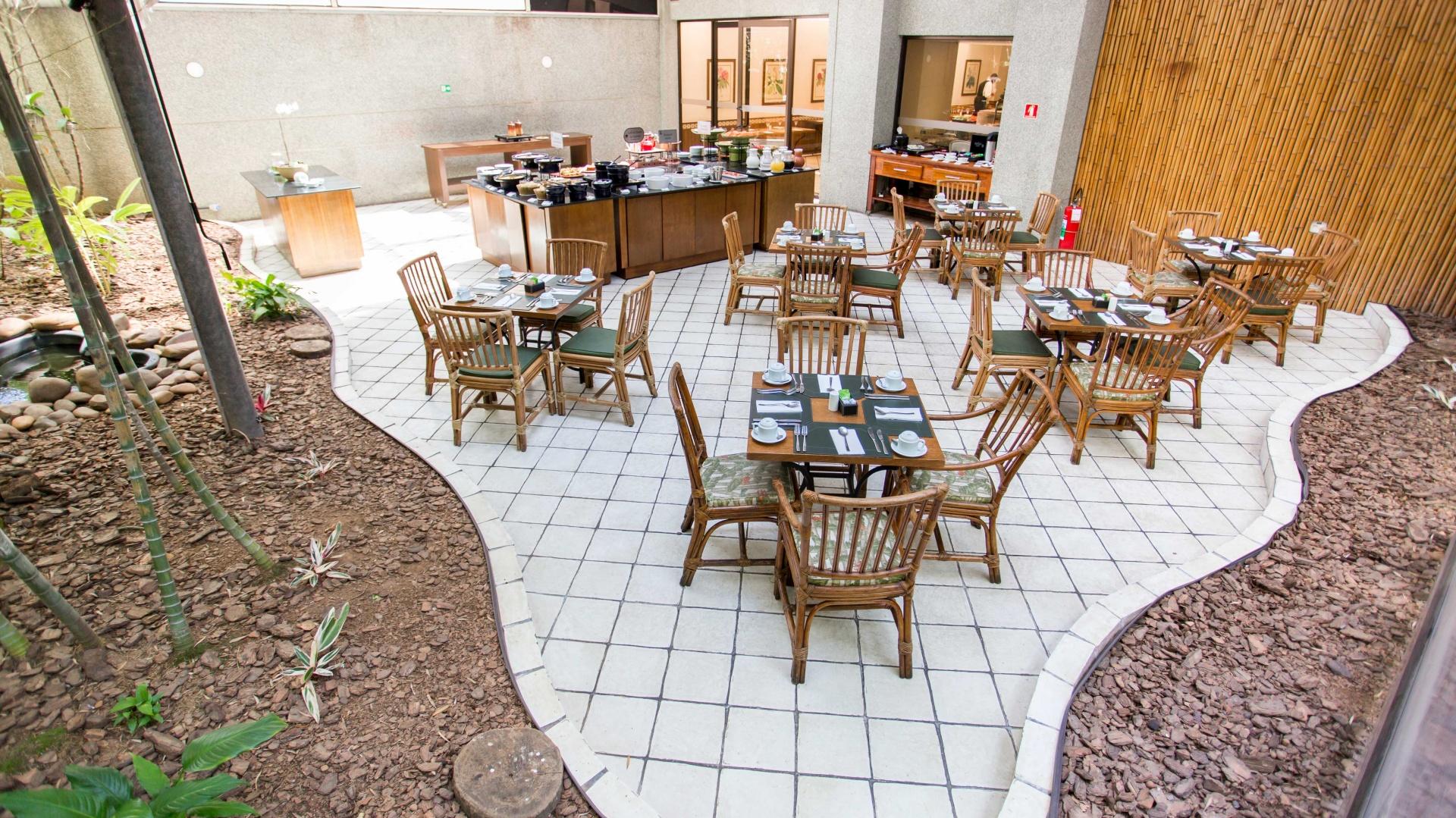 Tables and chairs with Bamboo design during Breakfast at Hotel Estanplaza Paulista in Sao Paulo, Brazil