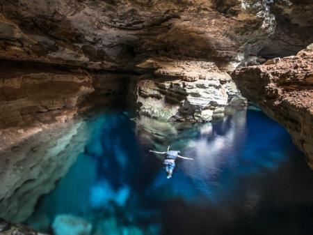 Cave with refreshing blue water in the hiking paradise Chapada Diamantina