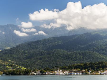 View on the colonial part of town from the sea, with Atlantic Rainforest in the background