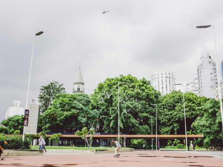 Skateboarding on a central plaza in Sao Paulo, Brazil