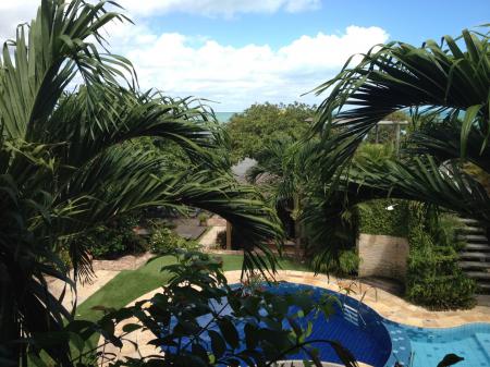 The pool surounded by palm trees at Pousada Jeriba, Brazil