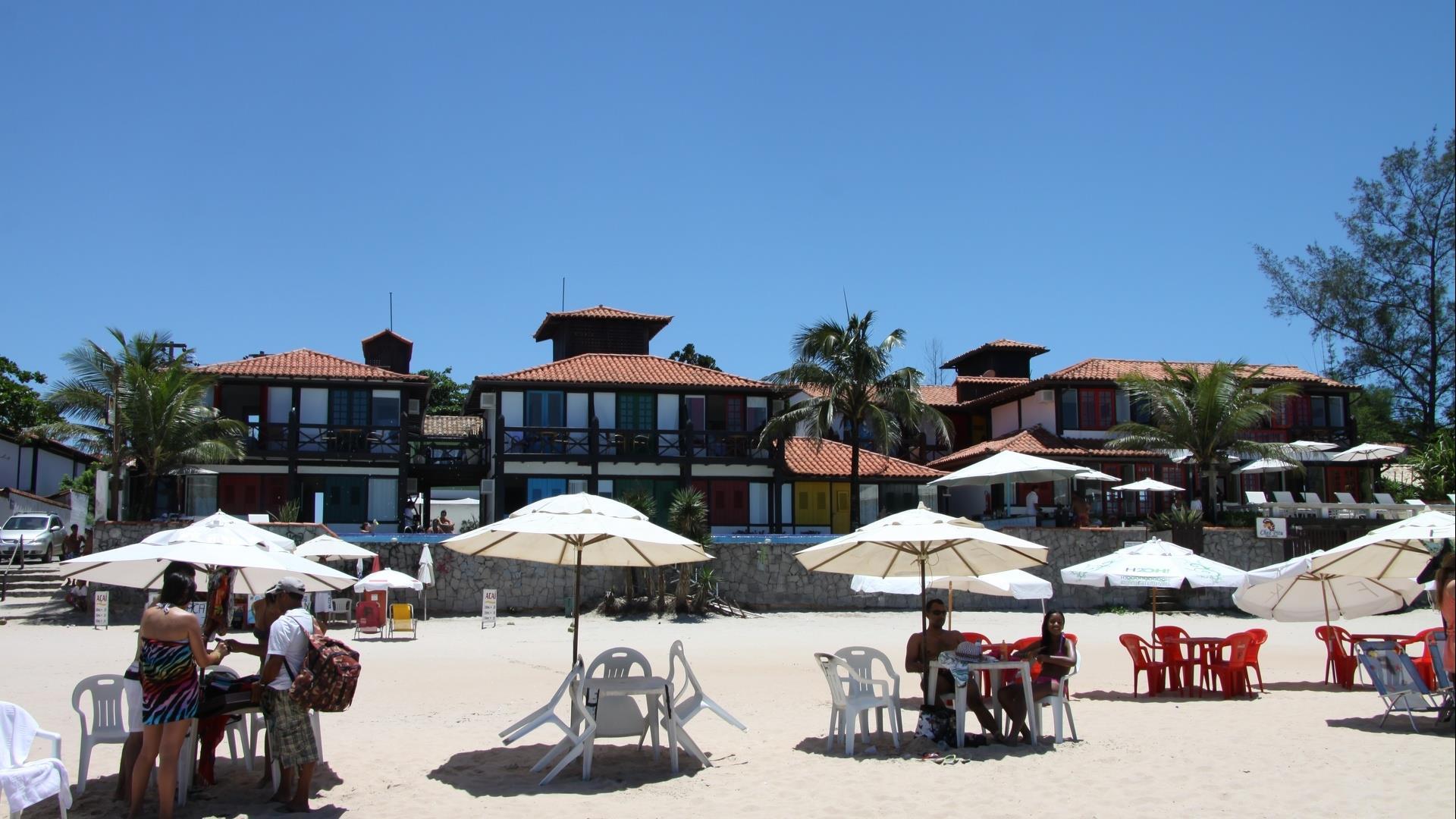View of the beach in front of standard Hotel Chez Pitu Praia in Buzios, Brazil 