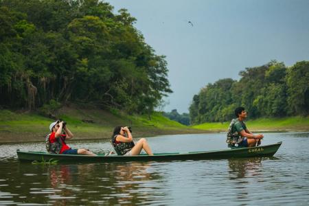 One guide and two visitors watching wildlife in a canoe