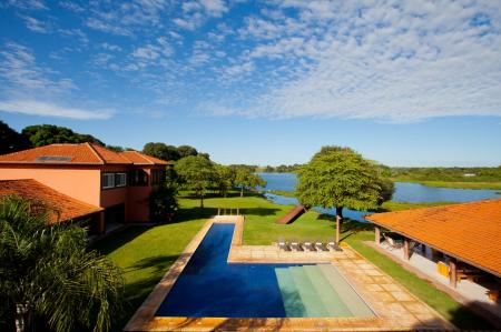 Aerial view on the pool, facilities and the river at Caiman Lodge