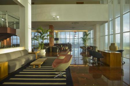 Lobby with seaview and modern design at Hotel Luzeiros in Sao Luis do Maranhao, Brazil