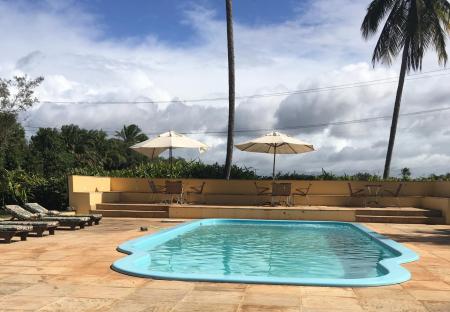 A pool with palm trees at Pousada Tapera in Itubera, Bahia