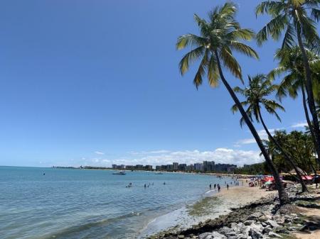 View of the long stretched beach of Maceio with coconut palms and visitors at the beach 