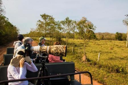 Visitors on a fotos safari by jeep in the southern Pantanal