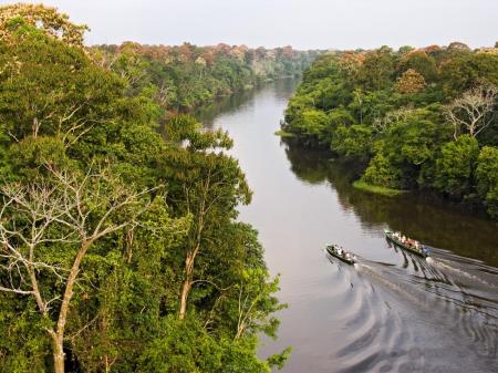 River in the Amazon with expedition boats