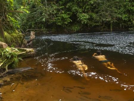 Two people swimming in the Amazon