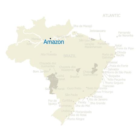 Map of Brazil with the word Amazon marked on it where the region of Amazonas is